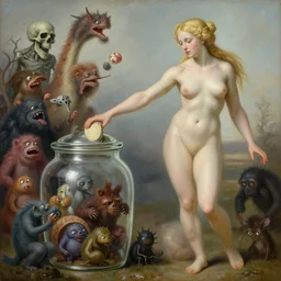 a painting of pandora opening her jar, releasing monsters and critters that impersonate sickness and death, misery, she is fully dressed she is wearing robes in the style of realism and a masterpiece by artemisia gentileschi, critters flying around