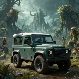 Land Rover Defender 110 (1985), The Elder Scrolls V: Skyrim, Riften, The Rift, an epic fantasy, living flora, spriggans, humanoid flora, dramatic lighting, cinematic, establishing shot, extremely high detail, photorealistic, cinematic lighting, artstation, by simon stalenhag