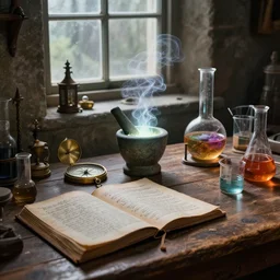 cluttered, wood table, spell book, wizards laboratory, tony sart, window, mortar, pestle, glowing powder, compass, alembic, wisps of light, beakers of colored liquid, greg rutkowski