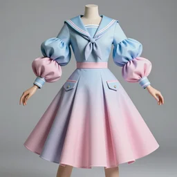 designer figure collection ball shaped accordion sleeve haute couture, sailor uniform, midi skirt, coat, synthetic curves striking pose, dynamic folds, cute pockets, volume flutter, youthful, modeled by modern designer bust, body fit, award fashion, picton blue, petal pink gradient scheme, holographic tones, expert composition, professional retouch, editorial photography