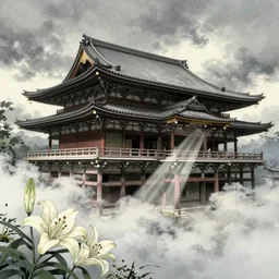 misty clouds, japanese buddhist temple. hyper detailed, architectural concept, full building, dynamic angle, intricate, lineart, cerpuscular rays, lily flowers. by yoshitaka amano, alfons mucha and makoto shinkai. 8 k