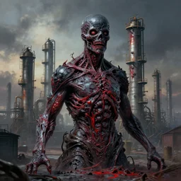 airbrushed mobile city refinery in black and red necrotized flesh - glass by jack kirby, kelly freas, donato giancola, geof darrow, alex ross, basil gogos, philippe druillet, fine art masterpiece baked at 4 5 0 f, matte painting, cold lighting, aged with sunlight, award winning horror, photorealistic render, cinematic