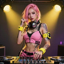 cyberpunk photorealistic character, tech wear outfit, wearables, dj, deejay, intoxicating beauty, pink and yellow, edgy, tattooed, awe inspiring, artstation hd, 8 k, detailed, intricate, ornate, studio lights, golden ratio, masterpiece