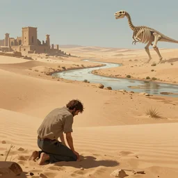 the lifeless land of endless sorrow stretching over the vast distance of an eternal desert, suffering man kneeling in horror on sand, ruins of ancient cities in the background, dried up river, bones of giant dinosaurs, trending on artstation, cgsociety, 8 k, cinematic, unreal engine, octane render, illustration digital painting, art by wlop and greg rutkowski, rule of thirds