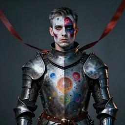 a portrait of a knight with body paint, fractal shapes, cinematic lighting, ribbons,