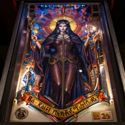 pinball machine backglass of an occult priestess