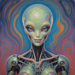 alien neurophysiological robot goddess, intense stare, smirking, symmetrical, concept art, intricate detail, volumetric shadows and lighting, realistic oil painting, 1 9 7 0 psychedelic poster,