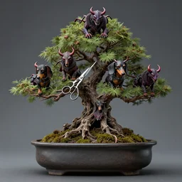 Dachshund bonsai, the god of small scissors!!, pitchburn devils!, security rhox, sauroform hybrid, forbidding spirit!!, guardian project, hackrobat!!!, cinematic, hyper realistic, detailed, 8k, octane render.