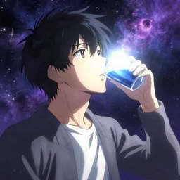 A man drinking a cup of cosmic energy bright light by Hideaki Sorachi, 4k, digital art, surreal, anime style,
