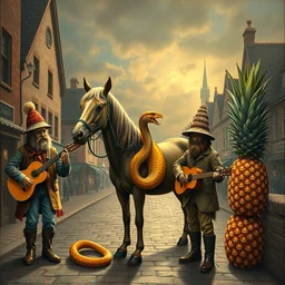 bremen town musicians but with a horse, a snake and a pineapple