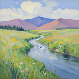 a painting of a river flowing through a meadow filled with tall grass and wildflowers, colorful mountains in the distance, blue sky with fluffy clouds, pastel colors, georgia o'keeffe