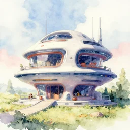 watercolor painting of a retro futuristic house