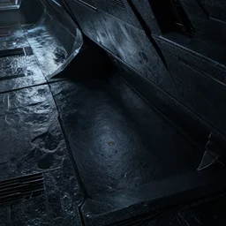 closeup of dark cold interior of alien futuristic spaceship, sharp edges, texture displacement, sss, reflections, raytracing, raymarching, subsurface scattering, best of digital art, by fred bastide