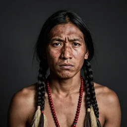 a hopi shaman, 4 6 yo, annoyed look, skin pores, scars, skin condition, dark background, studio light, hdr, nikon 2 8 mm f / 1. 8 g, by sebastiao salgado
