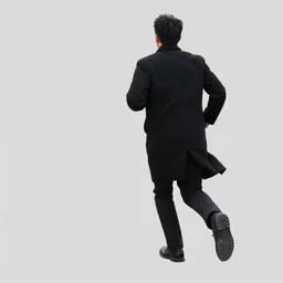 a man running away with his back to the viewer wearing a black coat, full body view, back view, isolated, hyper realistic