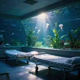 a hospital room inside an aquarium where plants are visible, cinematic lighting, sun, jellyfishes, glass, reflection, trending on artstation, glare, empty beds