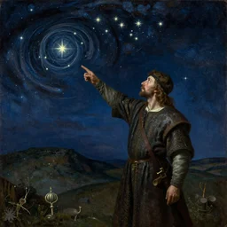 a man pointing to the northern star in the sky, middle ages, oil painting