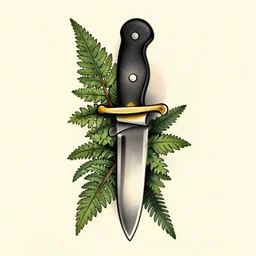 neotraditional Tattoo of a switchblade with fern wrapping around it