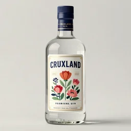 bottle of cruxland gin, award winning label design, label design, bottle design, spirits category, behance trending, pinterest, floral illustration, liqueur, octane render, 8 k,