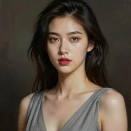 a beautiful young female with grey dress, ombre lips, dark hair, piercing on the nose, oil painting, high detailed face