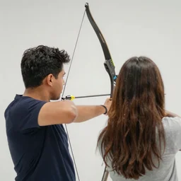 over the shoulder shot of a man and woman with long brown hair shooting a bow side by side, trending on artstation