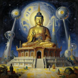 space, temple, buddhism, futurism, painting by greg rutkowski, j. c. leyendecker, artgerm