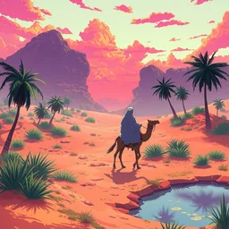 anime muslims journeying across an enchanted isekai desert ocean on camel through a lush oasis, heatwaves anime aesthetic, bright purple and red sky. pond off to the side, by greg rutkowski in the style of shinsekai yori and kimi no na wa