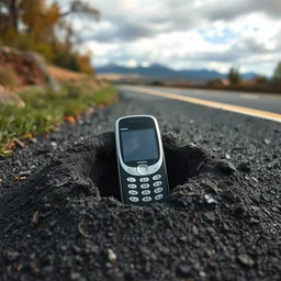a nokia phone inside a mini crater on the road