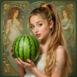 beautiful cottagecore Ariana Grande holding a green watermelon, intricate, elegant, highly detailed, digital painting, artstation, concept art, smooth, sharp, focus, illustration, art by artgerm and greg rutkowski and alphonse mucha