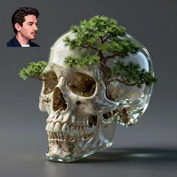 3 d render, photoreal, hyperreal, photorealistic, hyperrealistic realistic, 3 d, octane render, 8 k, glass, skull with a bonsai tree inside of it with profile picture by luis toledo and alex grey and beeple. neosurrealism. digital art, pixel art, concept art, octane render, trending on cgsociety, trending on artstation