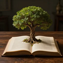 tree of life growing out of an opened book, on a wooden table, rim light, extremely detailed, masterpiece, artstation, cinematic lighting, photographic, by greg rutkowski and alphonse mucha, wolp
