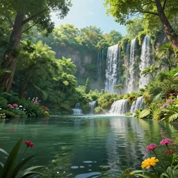 extreme low angle shot of a wide open pond, lush trees, flowers and waterfalls, by james gurney, concept art, intricate, hyper detailed, volumetric lighting, sharp focus, octane render, trending on artstation, 8 k