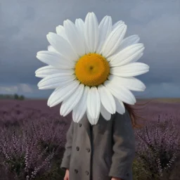 portrait, enormous daisy flower head, a girl wearing coat in heather field, surreal photography, wind and cold, dramatic sky, impressionist painting, digital painting, artstation, simon stalenhag