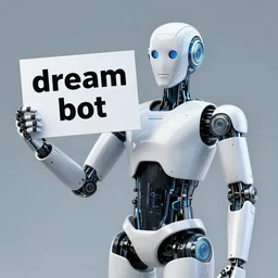realistic high quality photo of artificial intelligence humanoid robot holding a sign with text that reads : dream bot