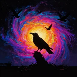 ravens swarming a silhouette, psychedelic colors, expansive scene with dark background