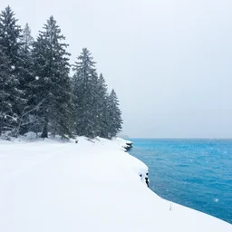 , snowing, snowstorm, wnow flakes, tropical rainforest, rule of thirds, blue water in the right, landscape photo