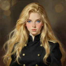 baroque oil painting kendall jenner ln illustration concept art lotr anime key visual portrait long flowing blonde hair blue eyes symmetrical perfect face fine detail delicate features quiet gaze fitted black military uniform gapmoe kuudere bokeh trending pixiv fanbox by greg rutkowski makoto shinkai takashi takeuchi studio ghibli