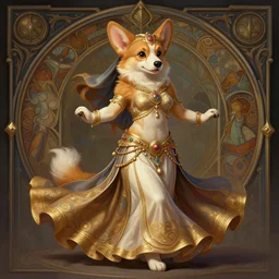 full body photograph of a female anthropomorphic corgi fursona arabian dancer, deep focus, intricate, elegant, highly detailed, digital painting, artstation, concept art, matte, sharp focus, illustration, d & d, fantasy, hearthstone, art by artgerm and greg rutkowski and alphonse mucha