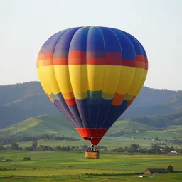 multicoloured hot air balloon about to lift off a green and verdant plain with mountains in the distance
