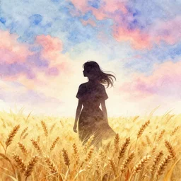 silhouette of a girl in a field of wheat, colorful clouds in the sky, watercolor