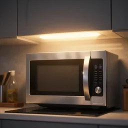 kitchen scene with volumetric lighting above microwave oven