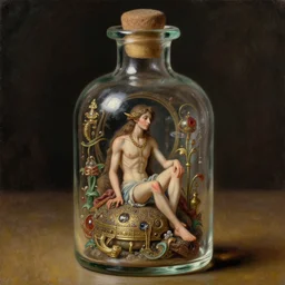 a tiny realistic proportioned male genie sitting down inside a glass bottle. beautiful, ornate detailed painting by artgerm and magali villanueve and michael whelan