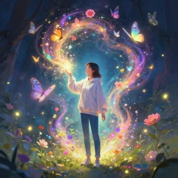 distant full long wide view shot young woman in a hoodie, jean pants, sneakers, enchanting an illusory spell. butterflies, flowers, fireflies, spirits, digital painting, detailed, colorful aura, 8 k, trending on artstation, smooth, sharp focus artwork by mark arian, artgerm, mark keathley, greg rutkowski