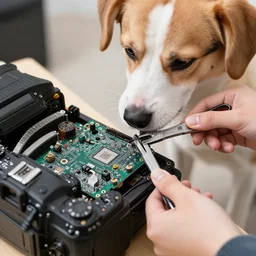 detailed photo of a dog fixing an open CPU with tools in hands, dlsr photo