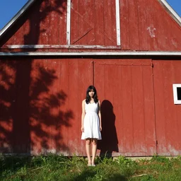 a young woman in! the shadow! of a red barn!. black hair, white! dress, sharp focus, wide angle, trending on artstation
