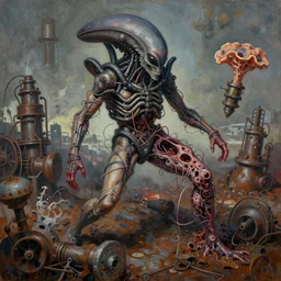 oil paint of flayed god aliens amputee, laced, catarrh blood turbines, hydrocracking battles, rusted, macerated, eviscerated by fimbria wires, bicornate fungal pit, rotting, by alberto bontempi, alex ross, shigeru komatsuzaki, wayne d barlowe, alex ross, stefano tamburini, simon bis