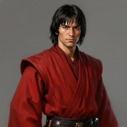 portrait of a man by greg rutkowski, jedi knight, japanese features, short black hair with bangs, tall and muscular, attractive, wearing red jedi robes, star wars expanded universe, highly detailed portrait, digital painting, artstation, concept art, smooth, sharp foccus ilustration, artstation hq
