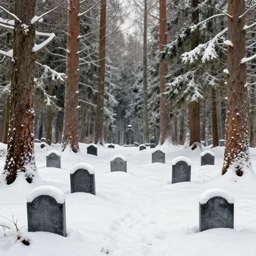 forest with a graveyard covered in snow, colored papre collage