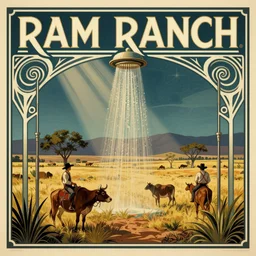 a vintage travel poster for Ram Ranch, art deco, cowboys, showers, art nouveau, artstation