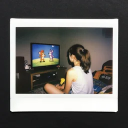 90's Polaroid Photo, Nikon, A girl watching cartoon in her room at night. Summer